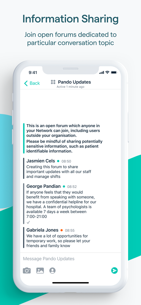 Pando - Connecting Healthcare - Une interface d'application mobile Pando montrant un forum ouvert pour que les professionnels de la santé partagent des informations et des mises à jour.