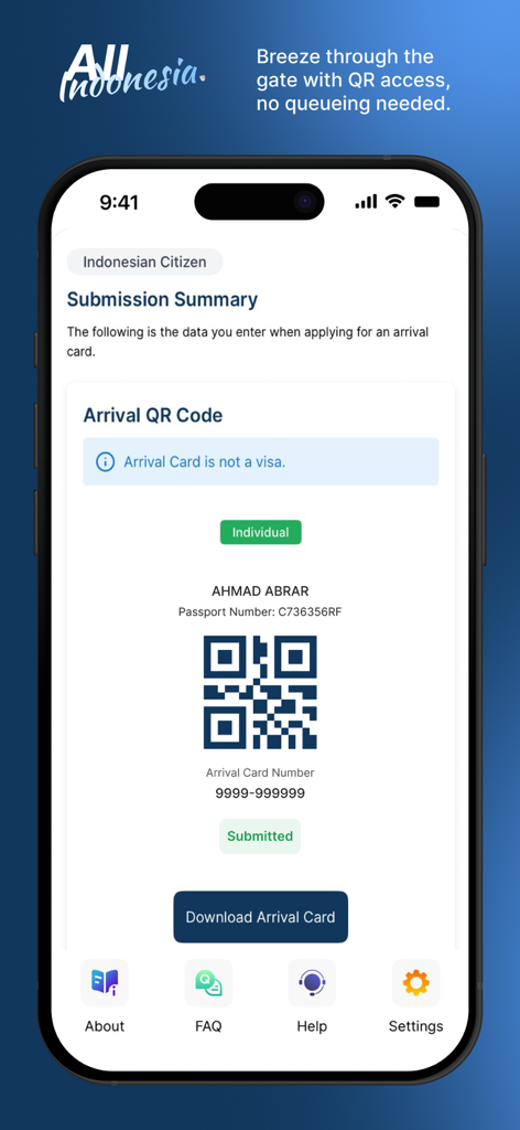 Screenshot dell'app All Indonesia che mostra un QR Code di Arrivo per il riepilogo della presentazione all'immigrazione.