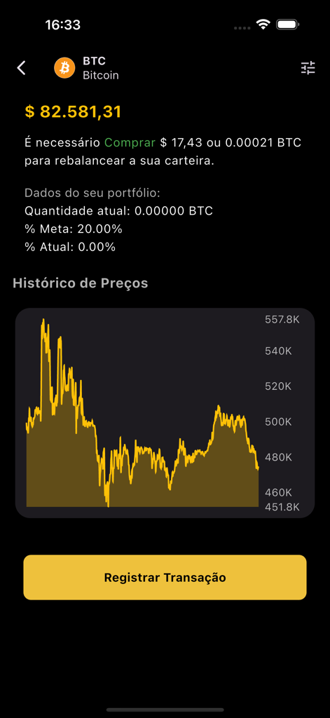 Meu Portfólio - Mobile app interface showing Bitcoin price history chart and rebalancing buy recommendations