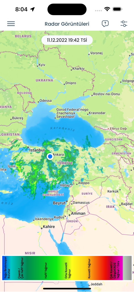 Weather radar map of Turkey displaying precipitation levels in the meteorology app