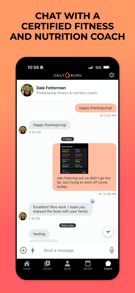 Interface showing a private chat with a certified fitness and nutrition coach on the Daily Burn app