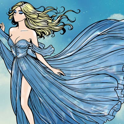 realistic woman in dress flowing the the wind