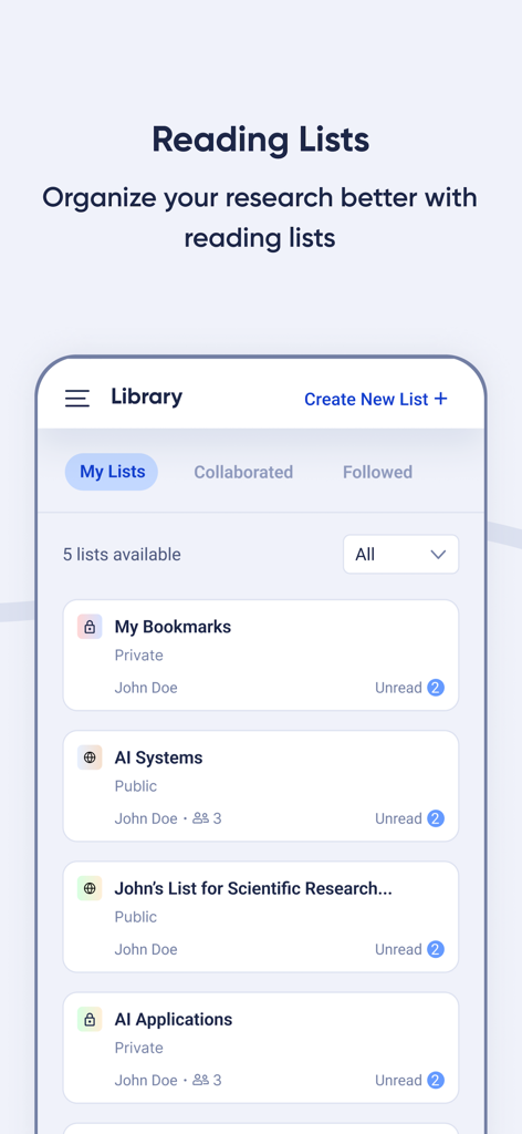R Discovery: Academic Research - Mobile app screen showing organized academic research reading lists in the library section.