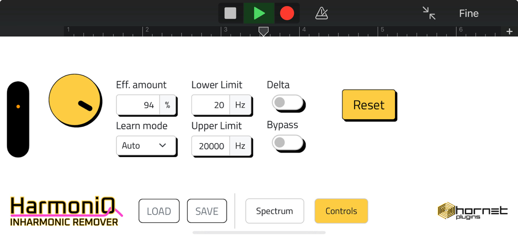 User interface of the HoRNet HarmoniQ inharmonic remover audio plugin featuring controls for effect amount and frequency limits.