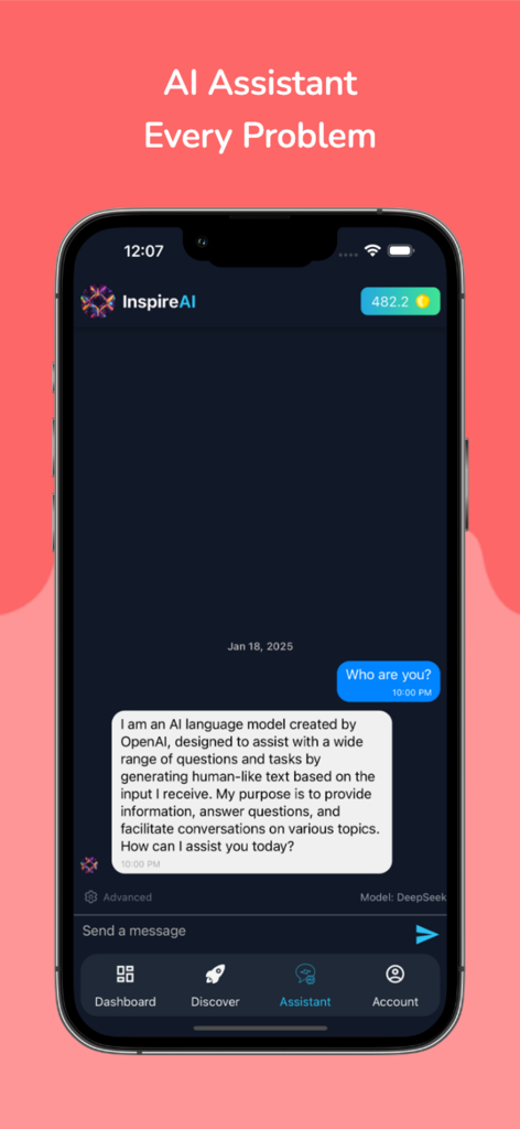 Video AI - Inspire.AI - Smartphone screen showing the AI Assistant chat interface within the Inspire AI app where a user asks who the AI is and receives a detailed response.