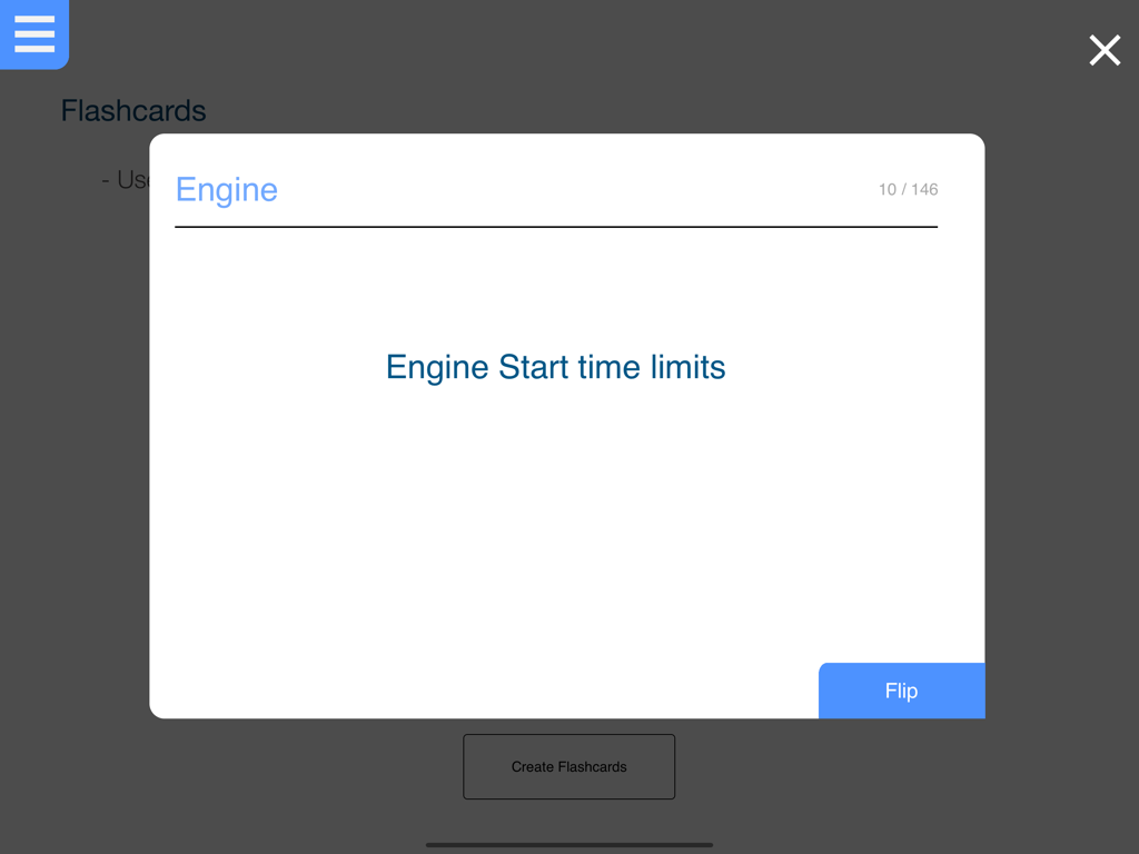 Pilatus PC-12 NG Training Aid - Digital flashcard showing engine start time limits in the Pilatus PC-12 NG Training Aid app