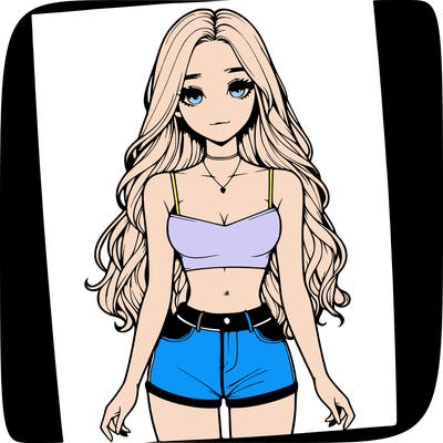 a realistic girl with long hair and in a crop top and shprts