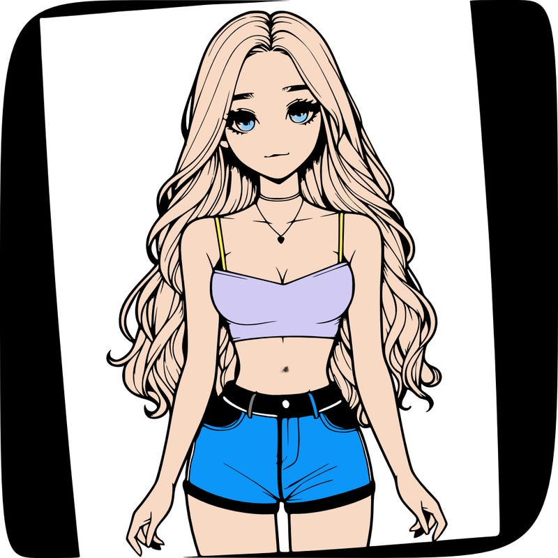 a realistic girl with long hair and in a crop top and shprts