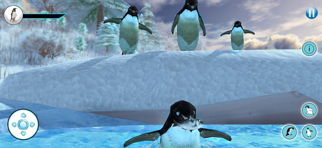 Penguin Family Life Simulator - A penguin catching a fish in the water with other penguins on a snowbank in a 3D simulator game