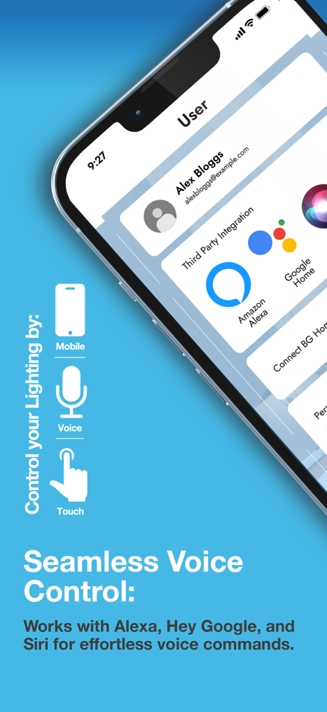 BG Smart - Interfaz de la aplicación BG Smart que muestra opciones de integración de control por voz para Alexa, Google Home y Siri