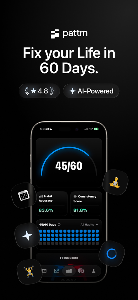 Pattrn AI - Self Improvement - Pattrn AI app dashboard displaying a 60-day self-improvement challenge progress with habit accuracy and consistency scores.