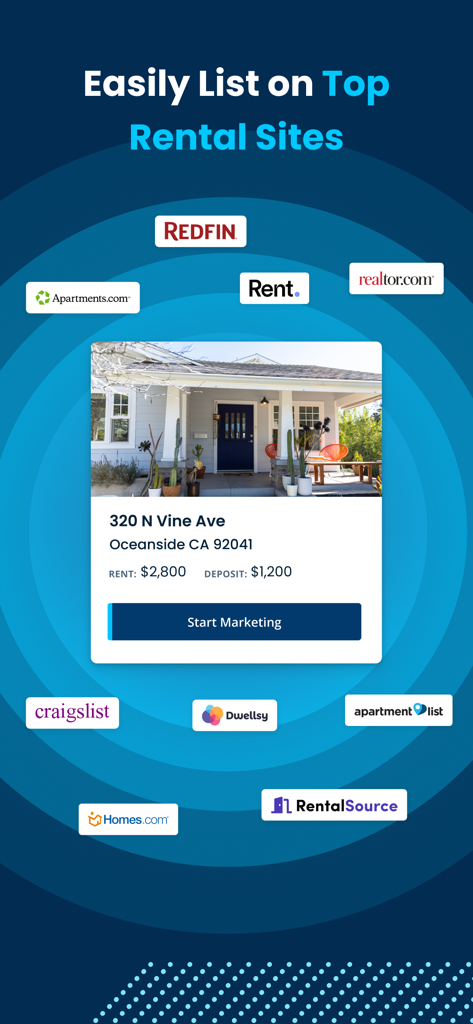 TurboTenant for Landlords - Interface of the TurboTenant app showing a property listing being marketed to top rental websites like Redfin and Apartments.com.