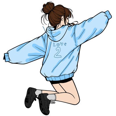 realistic girl jumping with a bun and oversized sweatshirt