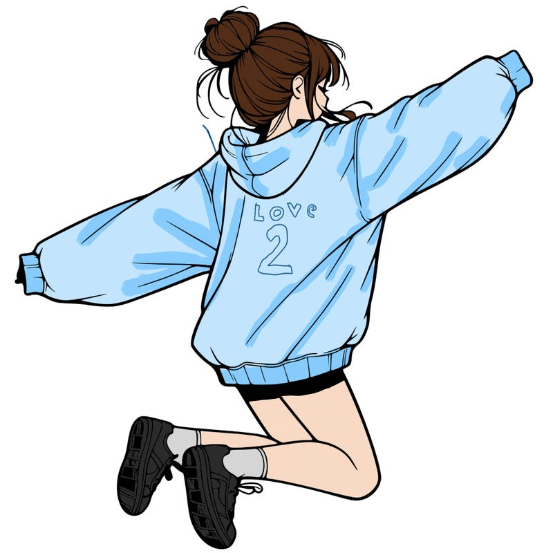 realistic girl jumping with a bun and oversized sweatshirt