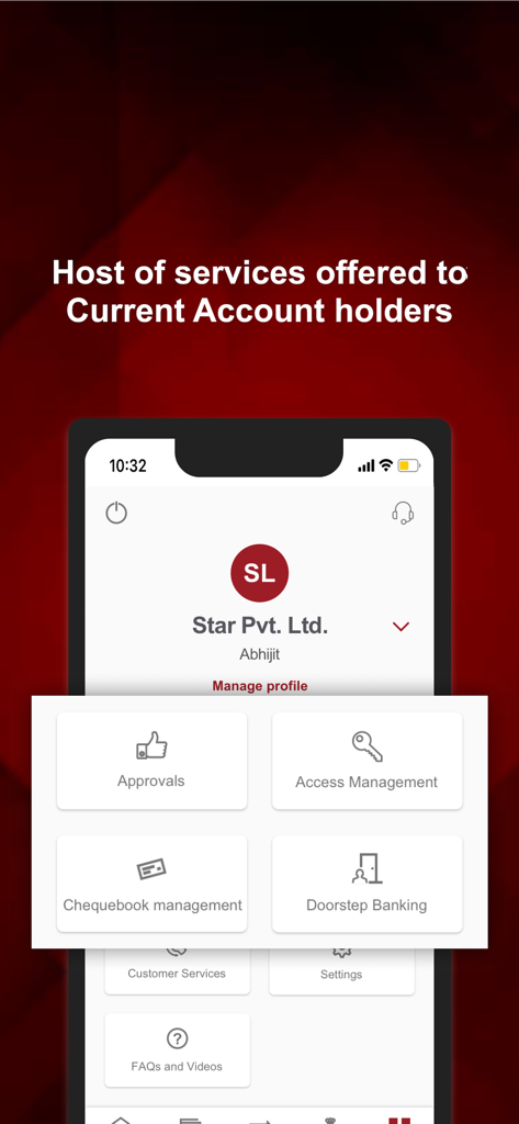 Tela do aplicativo móvel IDFC FIRST Bank exibindo recursos de gerenciamento de conta corrente para usuários empresariais