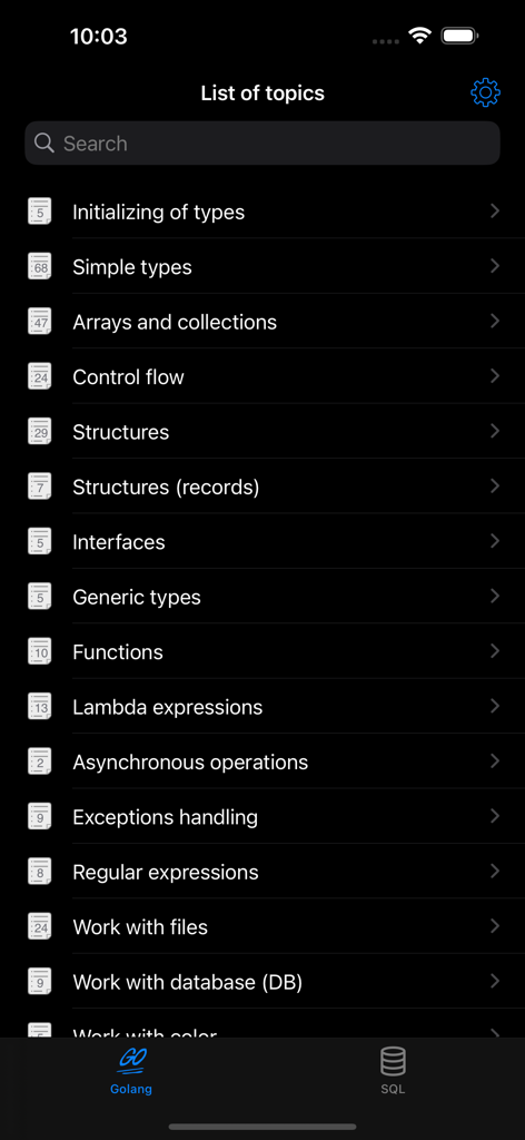 List of Golang programming topics like data types and database functions in the app menu