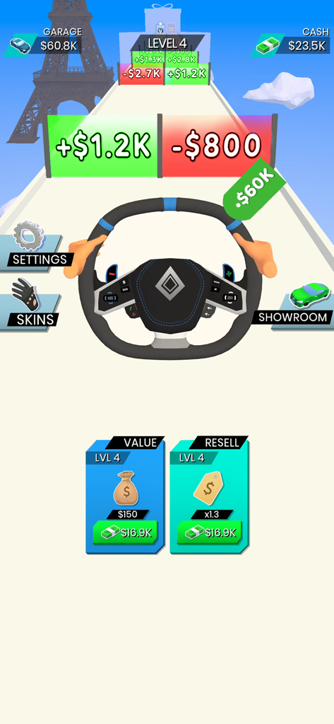 Steering Wheel Evolution - Mobile game screen showing a steering wheel on a track with money gates and upgrades