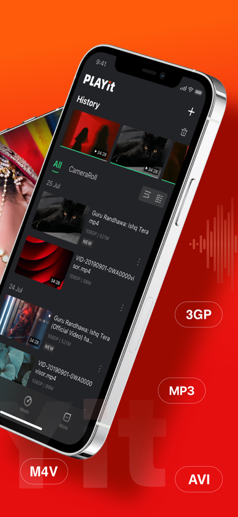 PLAYit-All in One Video Player - A smartphone showing the PLAYit app video history and library with supported formats like MP3 AVI and M4V