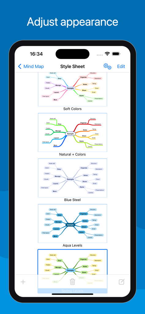 A menu in the SimpleMind app showing different style sheet options for mind maps including soft colors and blue steel