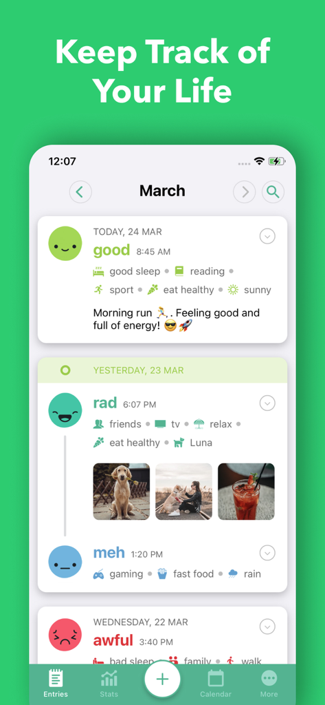 Daylio Journal app screen showing a list of daily entries with mood icons and activity tags