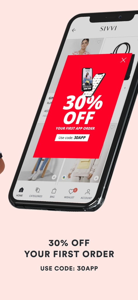 Pantalla de la aplicación SIVVI que muestra una oferta de descuento del treinta por ciento para el primer pedido en la aplicación usando un código promocional