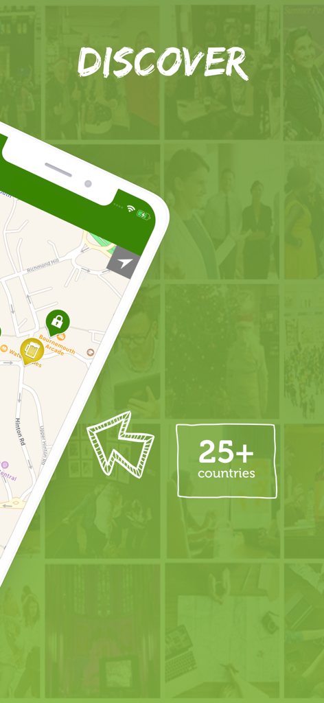 Mobile Adventures app interface showing a city map for location based team building games available in over 25 countries