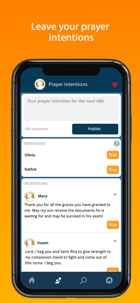 Pantalla de la aplicación Hozana que muestra el feed de intenciones de oración y un formulario para publicar una nueva solicitud de oración.