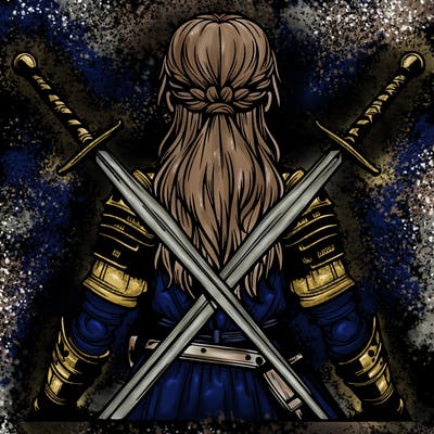 very realistic warrior girl with swords behind her back