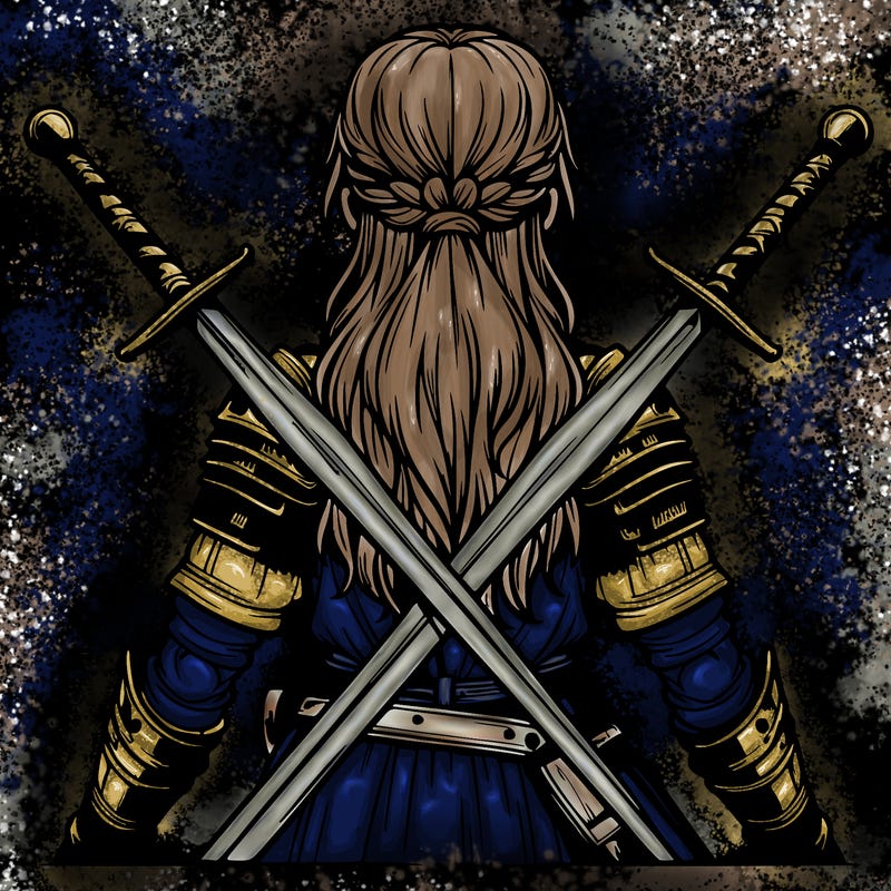 very realistic warrior girl with swords behind her back