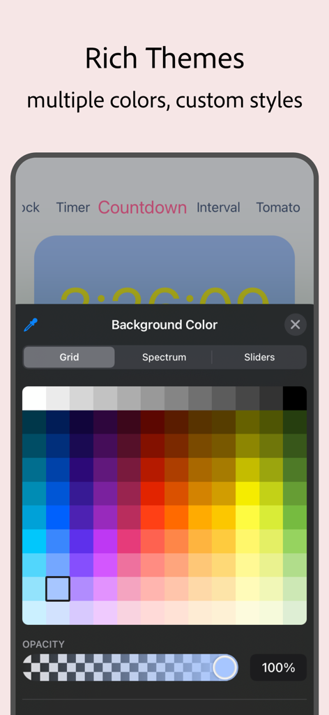 Top Clock - Floating Clock - Top Clock app color picker interface for customizing timer backgrounds and themes