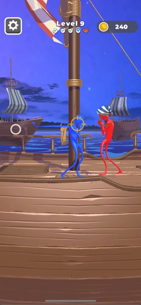 Gum Gum Battle - A blue rubber character stretches its arm to fight a red opponent on a pirate ship deck.