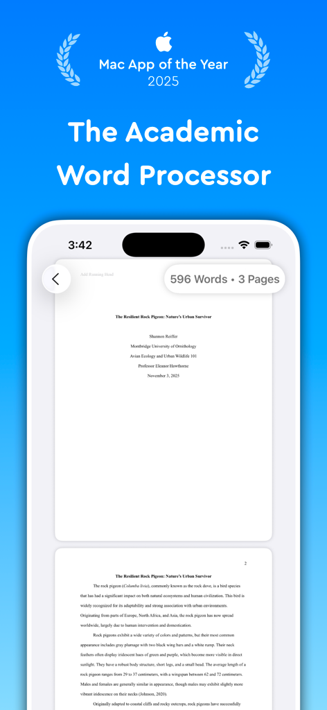 Essayist: Academic Writing App - Essayist app interface showing a formatted academic essay on a mobile device screen with Mac App of the Year 2025 award text
