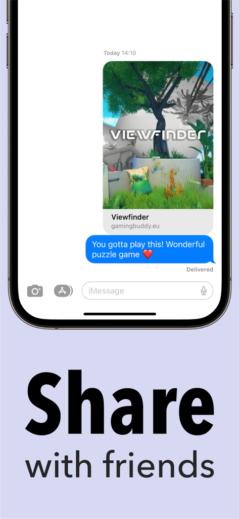 GamingBuddy: Game Tracker - A user sharing a game called Viewfinder with a friend through iMessage using GamingBuddy