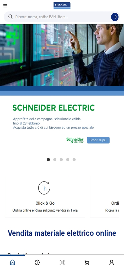 Rexel Italia mobile app home screen featuring a Schneider Electric promotional banner and Click and Go service icon.