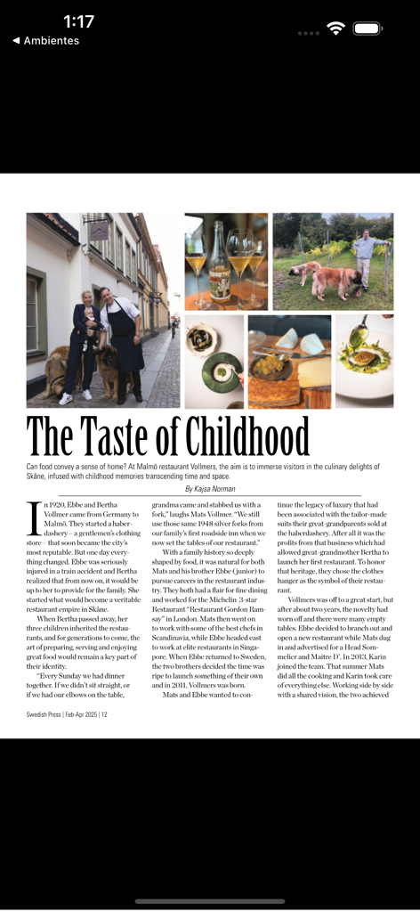 Swedish Press - Magazine article titled The Taste of Childhood in the Swedish Press app featuring a story about a restaurant in Malmo with photos of food and family