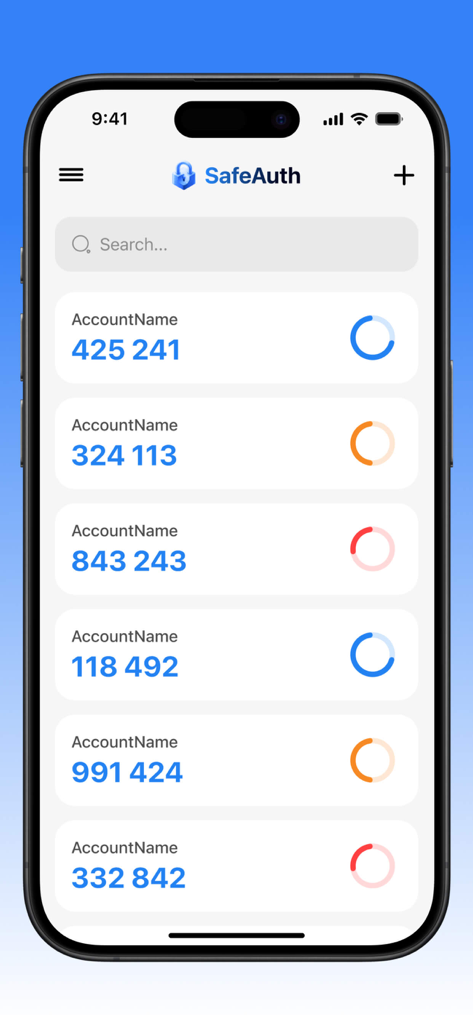 SafeAuthアプリのインターフェース。iPhone上で2要素認証コードが表示されます。