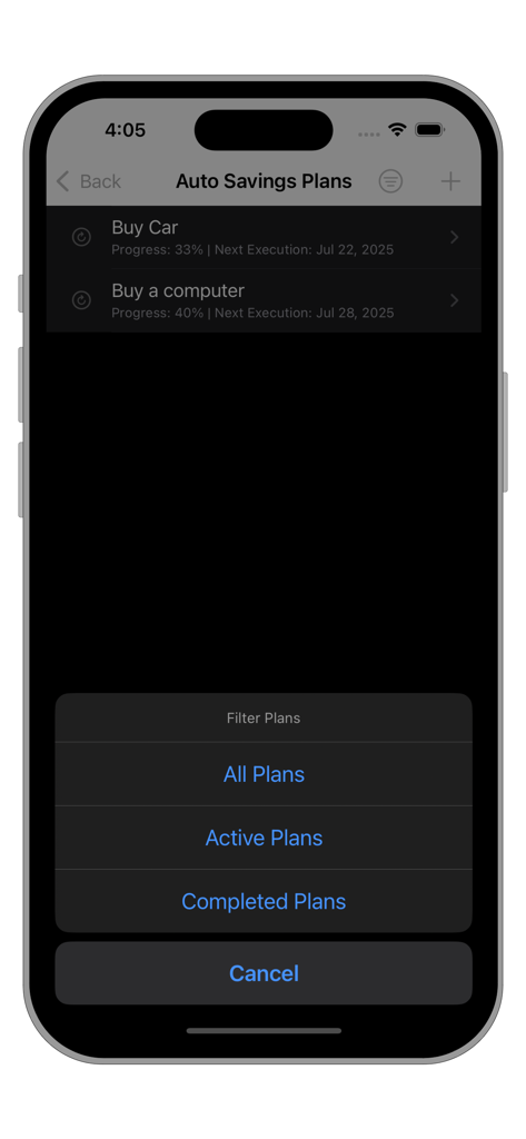A mobile app screen displaying savings goals with a filter menu for active and completed plans.