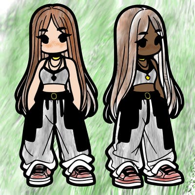 girl in baggy pants crop top and long hair