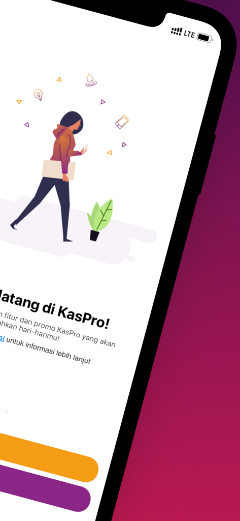 KasPro - Tela de boas-vindas do aplicativo KasPro apresentando uma mulher usando um smartphone com ícones de pagamento de serviços públicos