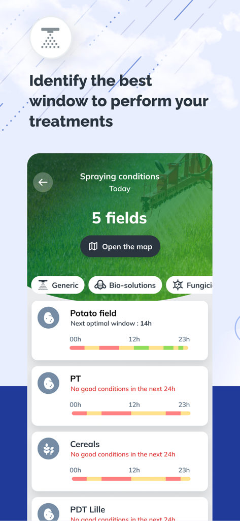Application mobile Sencrop affichant les fenêtres de traitement optimales pour les champs de pommes de terre et de céréales