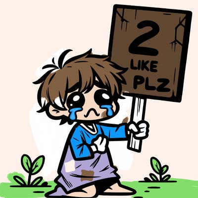 small poor toddler crying with sign that says 2 like plz