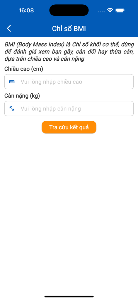 Y Khoa Việt Đức - BMI calculator screen in the Y Khoa Viet Duc mobile app showing height and weight input fields
