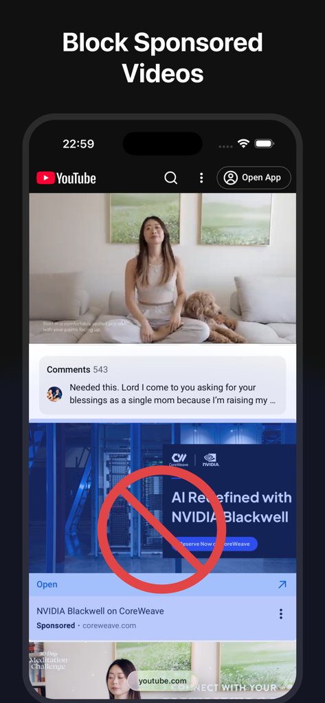 Clean YT for Safari - Clean YT for Safari interface blocking sponsored advertisements on YouTube