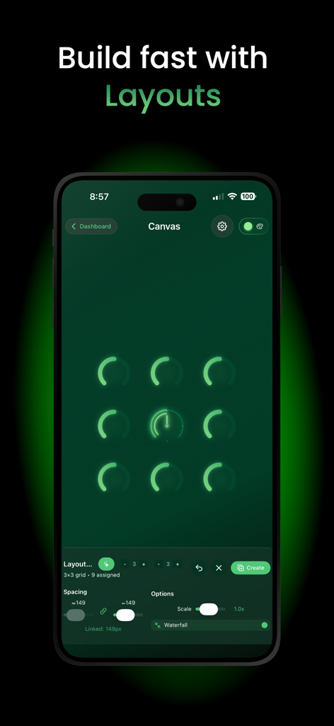 Tandem MIDI Canvas - Interface do Tandem MIDI Canvas mostrando uma grade personalizada de 3x3 botões sendo construída no editor de layout