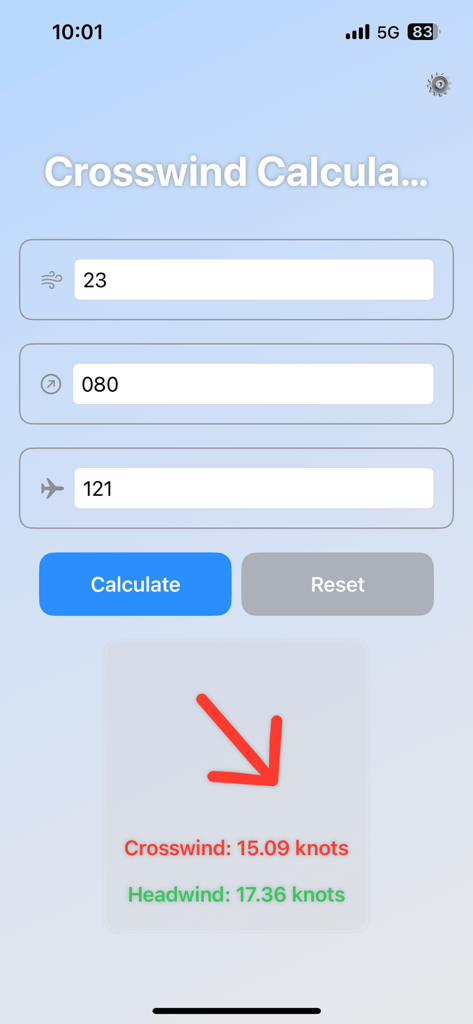 Simple Xwind - Simple Xwind app interface displaying calculated crosswind and headwind components for pilots
