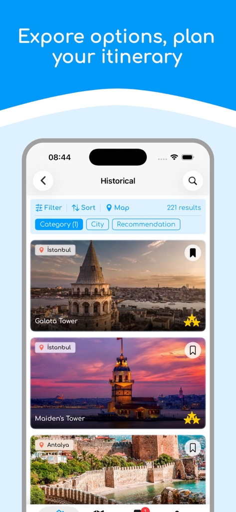 Turkey Travel Guide & Planner - イスタンブールとアンタルヤの歴史的アトラクションとランドマークを示す旅行計画用モバイルアプリインターフェイス。