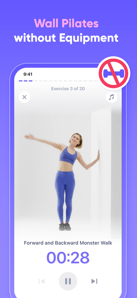 A woman performing a wall pilates exercise on a mobile phone screen within the FitMe app.