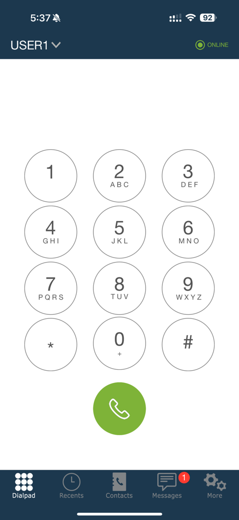 Skylar - Skylar 모바일 VoIP 소프트폰 다이얼패드 인터페이스. 숫자 키패드와 통화 버튼이 표시됩니다.