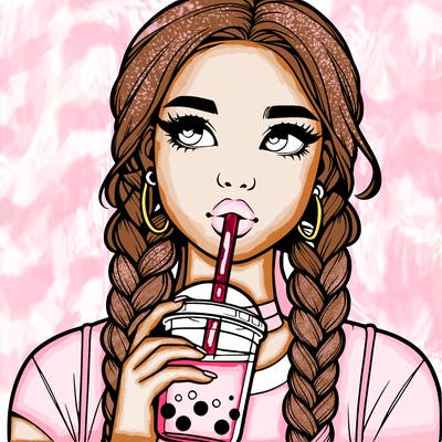 realistic girl with braided hair drinking boba