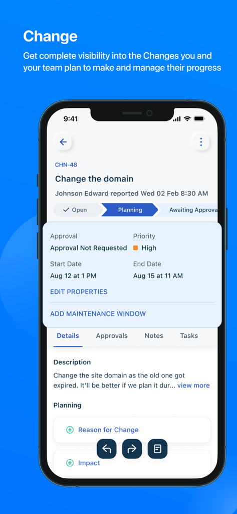 Interface do aplicativo móvel Freshservice mostrando um chamado de gerenciamento de mudanças de TI com status de planejamento e detalhes de prioridade.